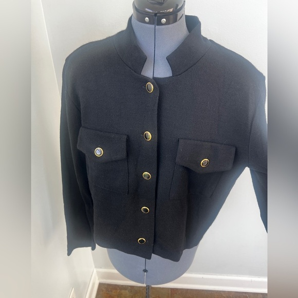 Vintage Sz L CW Clifford & Willis Black Wool Knit Mandarin Jacket Blazer Classic - Picture 2 of 16